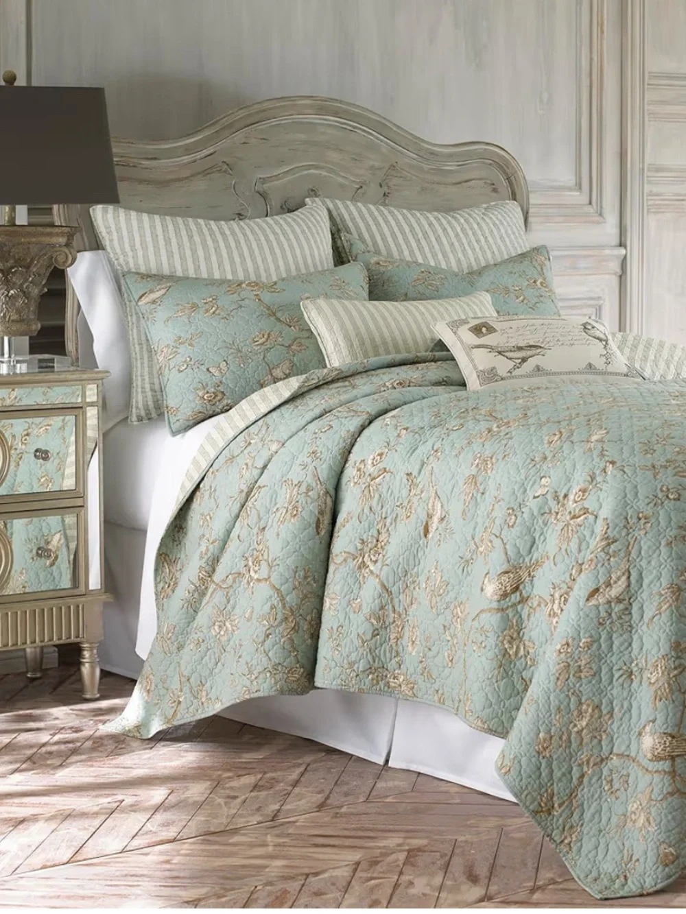 🆕 PB Style Reversible Coverlet Quilt Set Brown Stripes Sage Floral Bird Toile